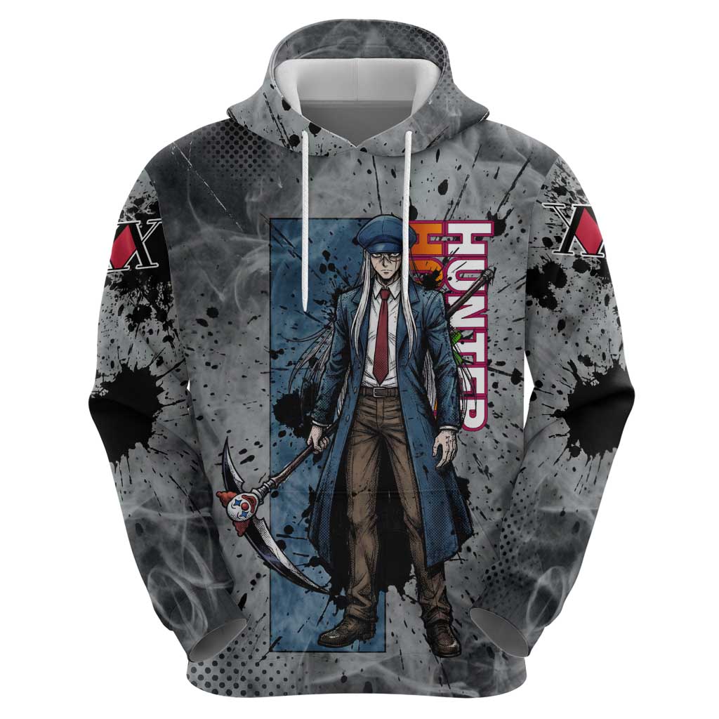 Chrollo Theme Gray Ink Splash Design Zip Hoodie with Cross Weapon and Monochrome Aura Artwork - The Mazicc
