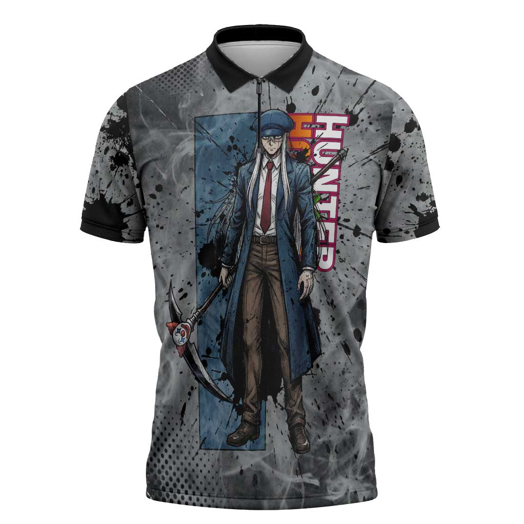 Chrollo Theme Gray Ink Splash Design Zipper Polo Shirt with Cross Weapon and Monochrome Aura Artwork - The Mazicc