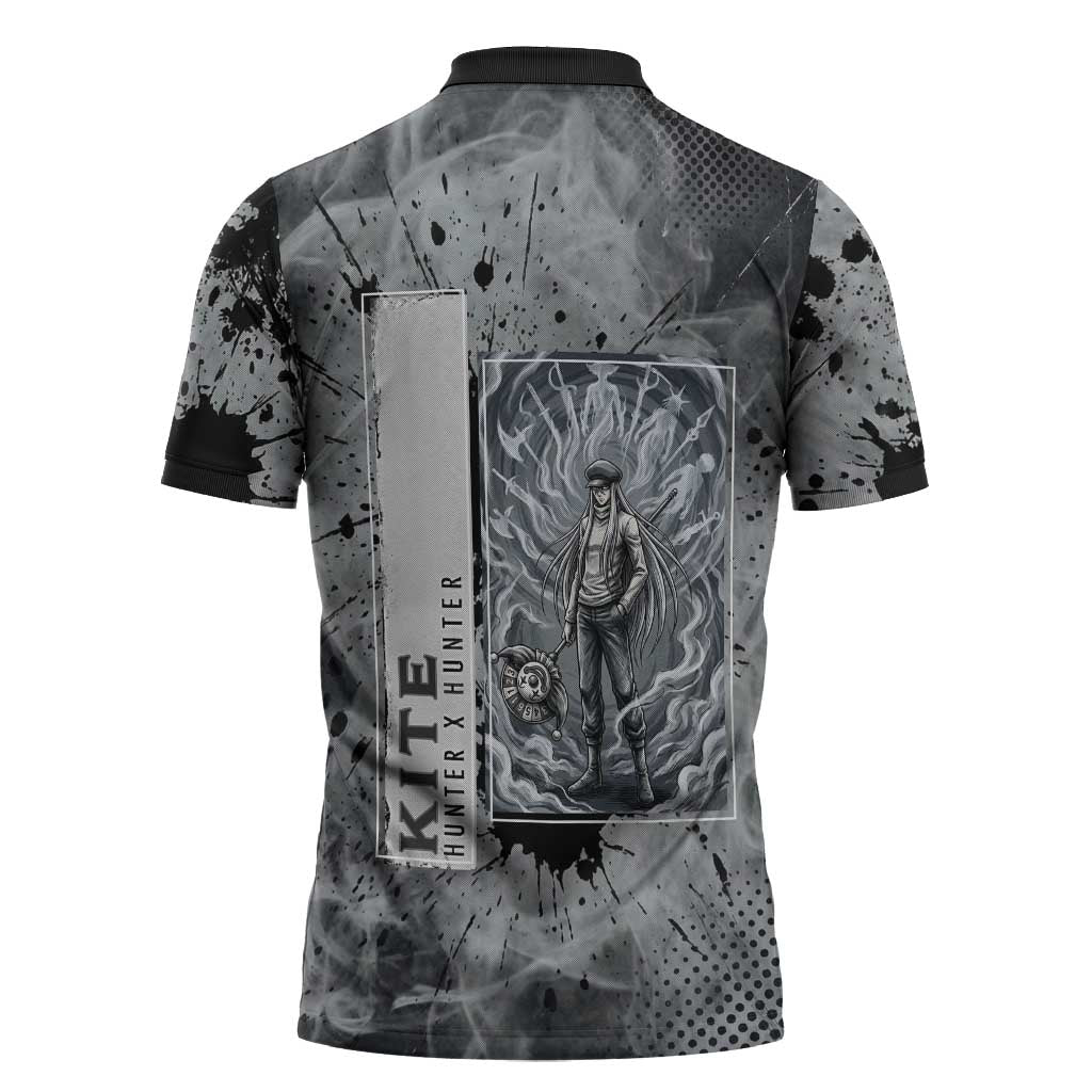 Chrollo Theme Gray Ink Splash Design Zipper Polo Shirt with Cross Weapon and Monochrome Aura Artwork - The Mazicc
