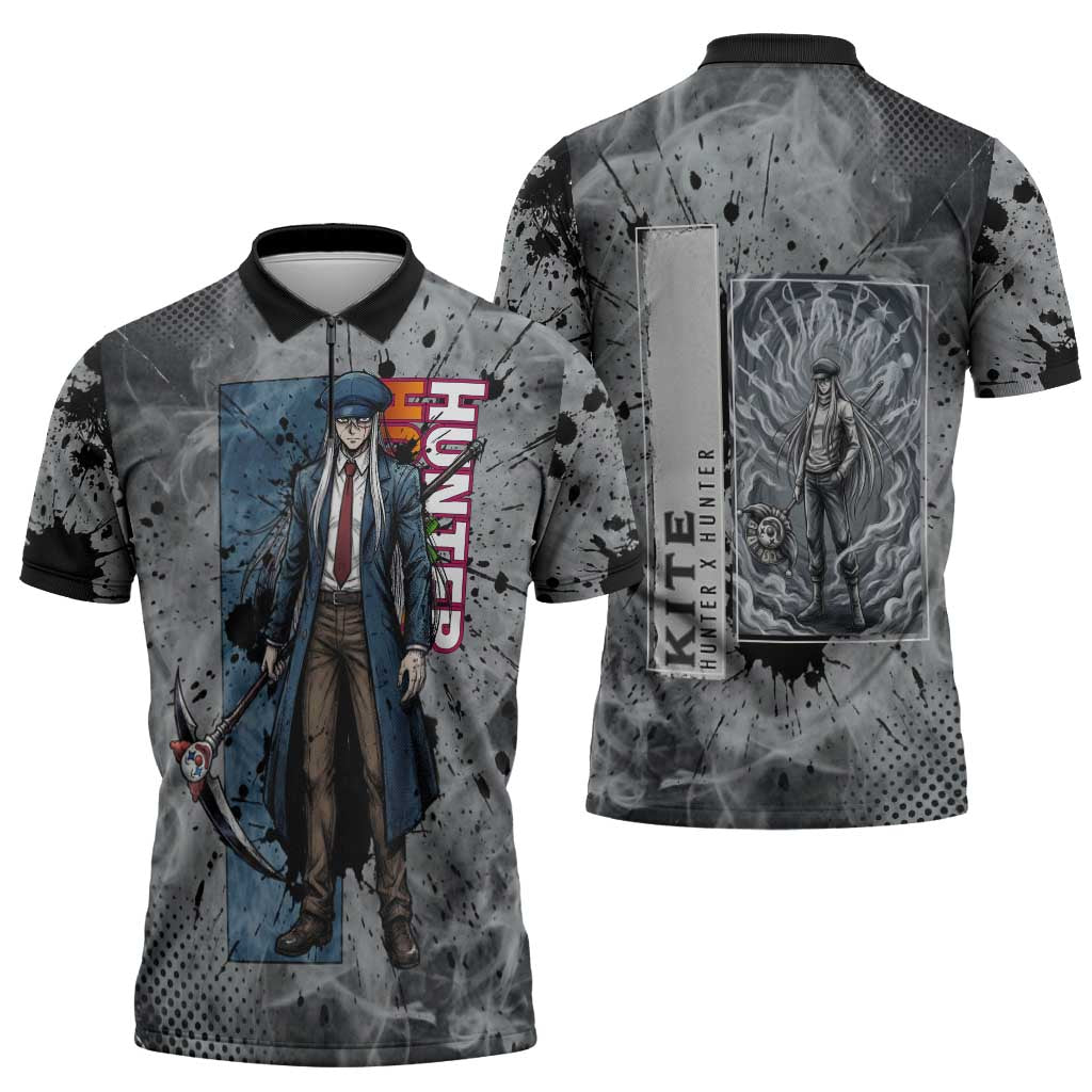 Chrollo Theme Gray Ink Splash Design Zipper Polo Shirt with Cross Weapon and Monochrome Aura Artwork - The Mazicc