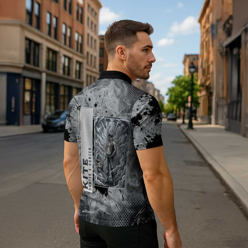 Chrollo Theme Gray Ink Splash Design Zipper Polo Shirt with Cross Weapon and Monochrome Aura Artwork - The Mazicc