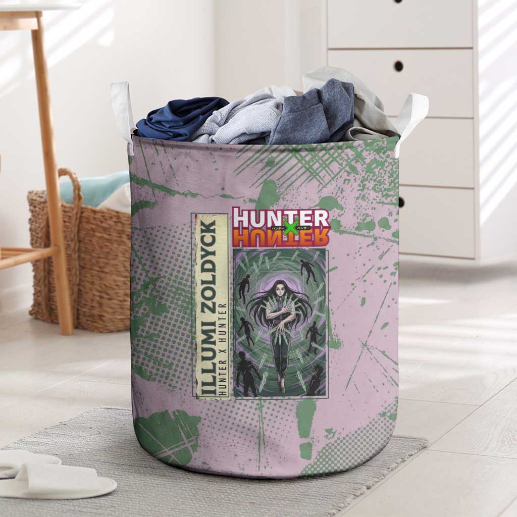 Alluka Zoldyck Theme Purple and Green Paint Splatter Design Laundry Basket with Nen Ability Artwork and Character Card Style - The Mazicc