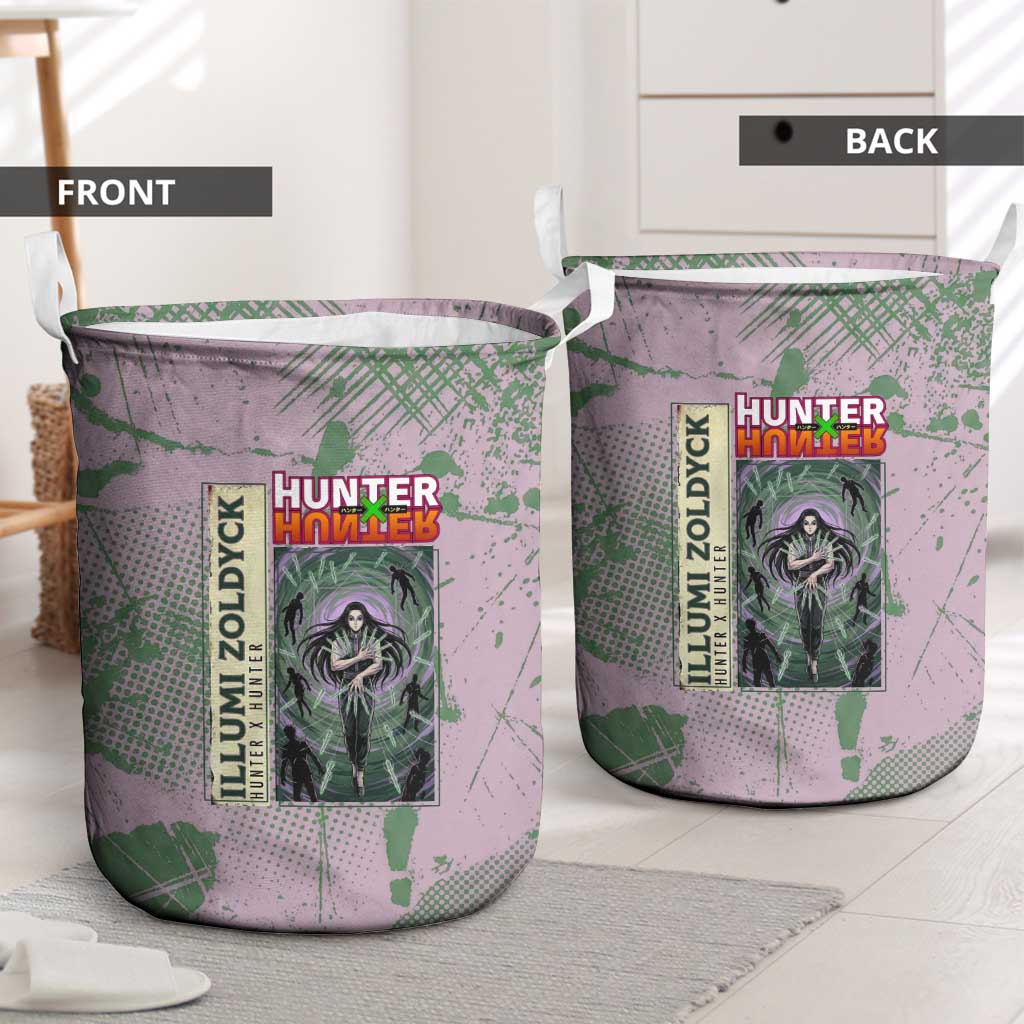 Alluka Zoldyck Theme Purple and Green Paint Splatter Design Laundry Basket with Nen Ability Artwork and Character Card Style - The Mazicc