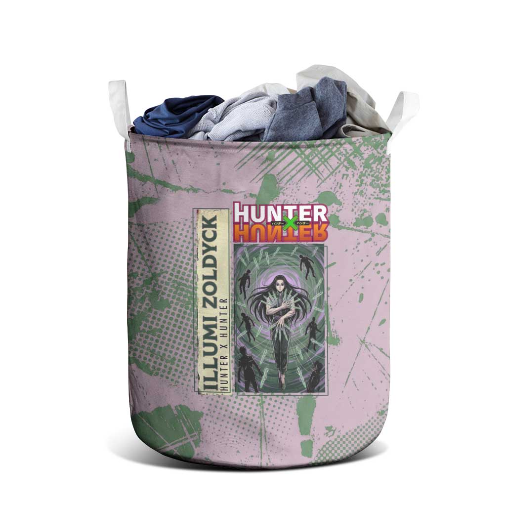Alluka Zoldyck Theme Purple and Green Paint Splatter Design Laundry Basket with Nen Ability Artwork and Character Card Style - The Mazicc