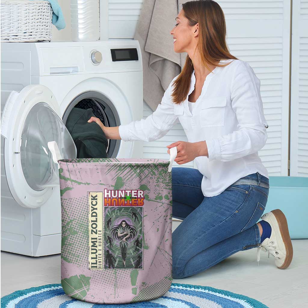 Alluka Zoldyck Theme Purple and Green Paint Splatter Design Laundry Basket with Nen Ability Artwork and Character Card Style - The Mazicc