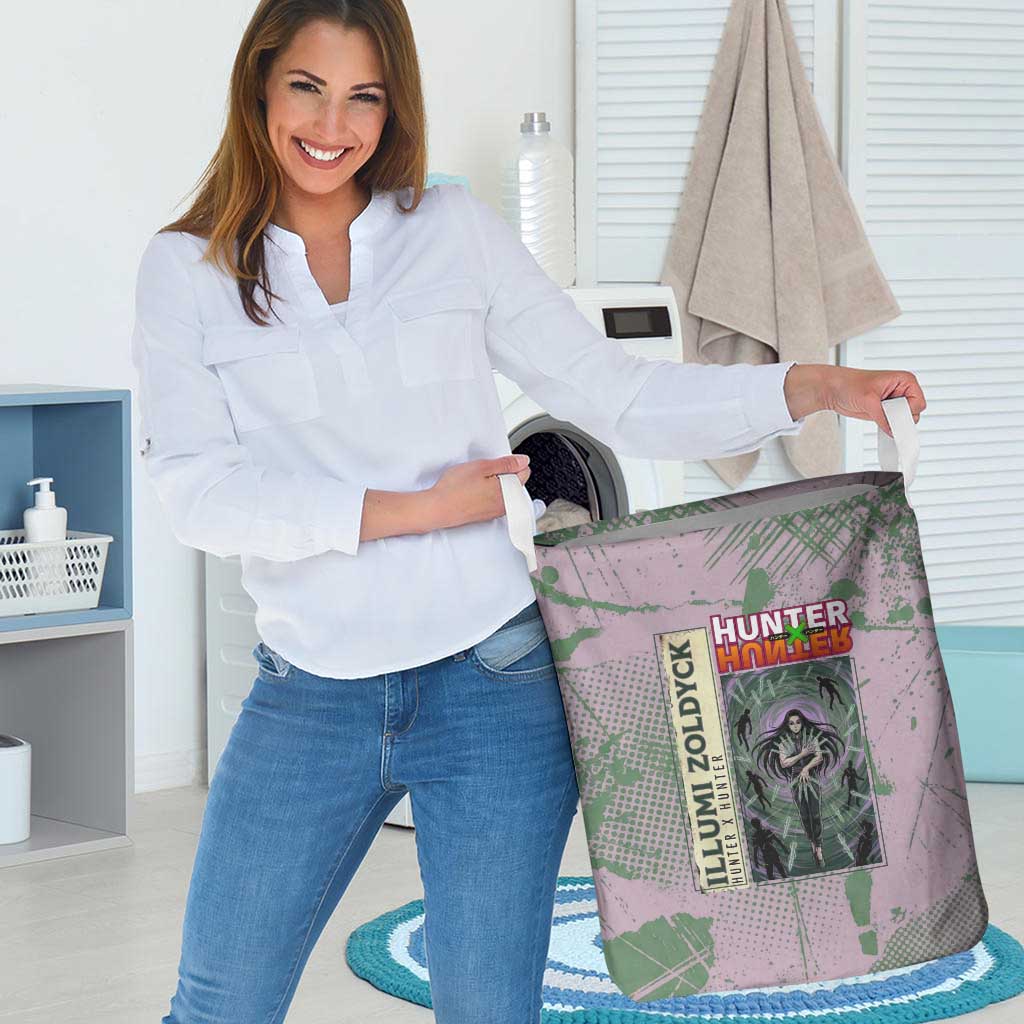 Alluka Zoldyck Theme Purple and Green Paint Splatter Design Laundry Basket with Nen Ability Artwork and Character Card Style - The Mazicc