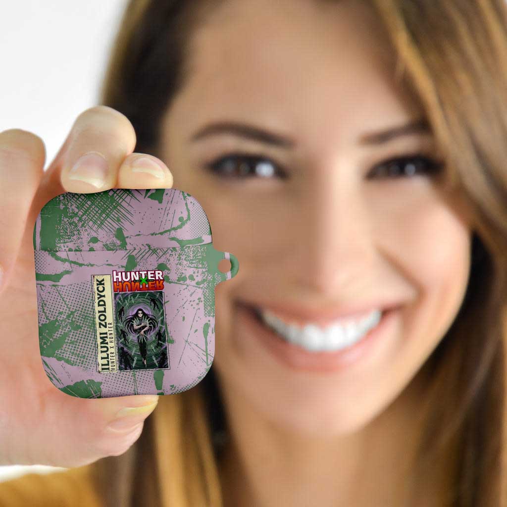 Alluka Zoldyck Theme Purple and Green Paint Splatter Design AirPods Case with Nen Ability Artwork and Character Card Style - The Mazicc
