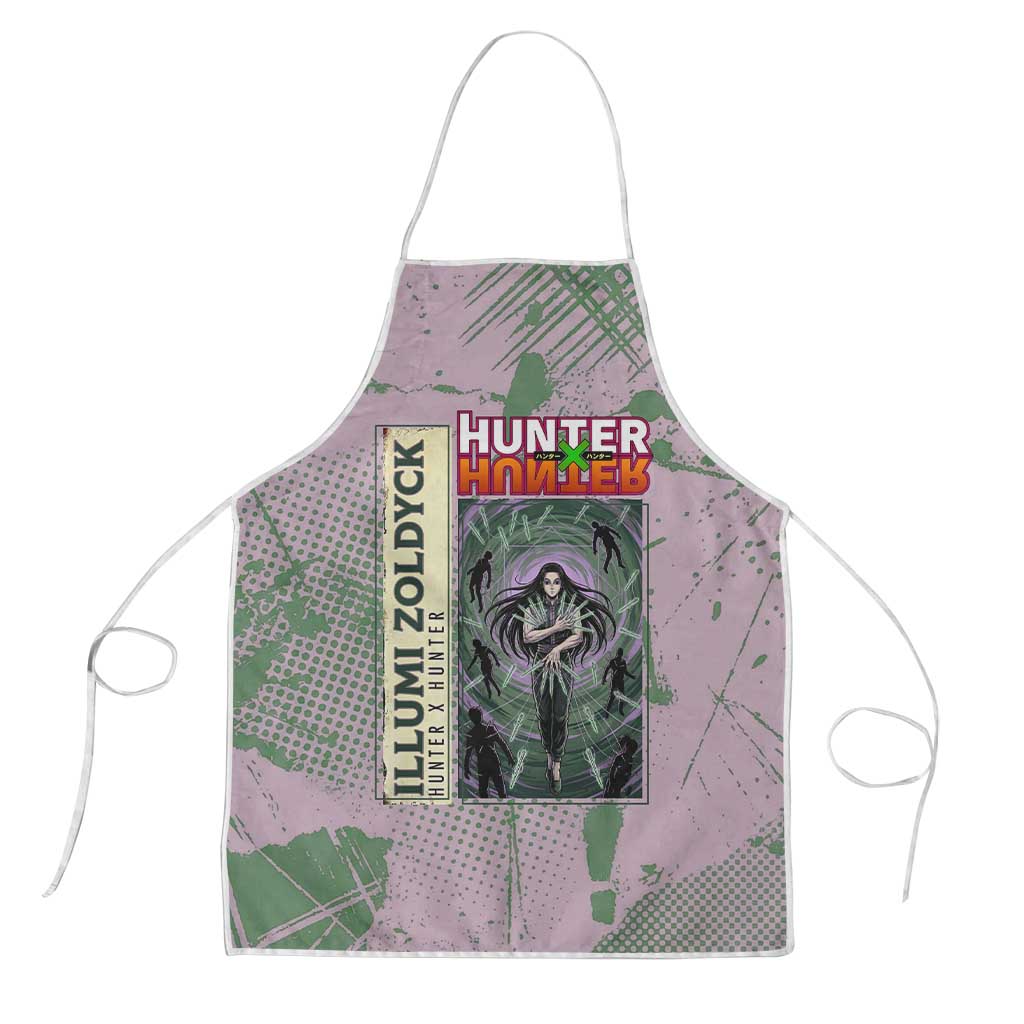 Alluka Zoldyck Theme Purple and Green Paint Splatter Design Apron with Nen Ability Artwork and Character Card Style - The Mazicc