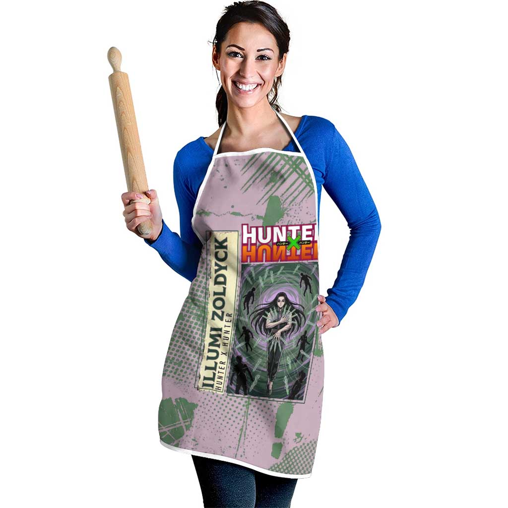 Alluka Zoldyck Theme Purple and Green Paint Splatter Design Apron with Nen Ability Artwork and Character Card Style - The Mazicc