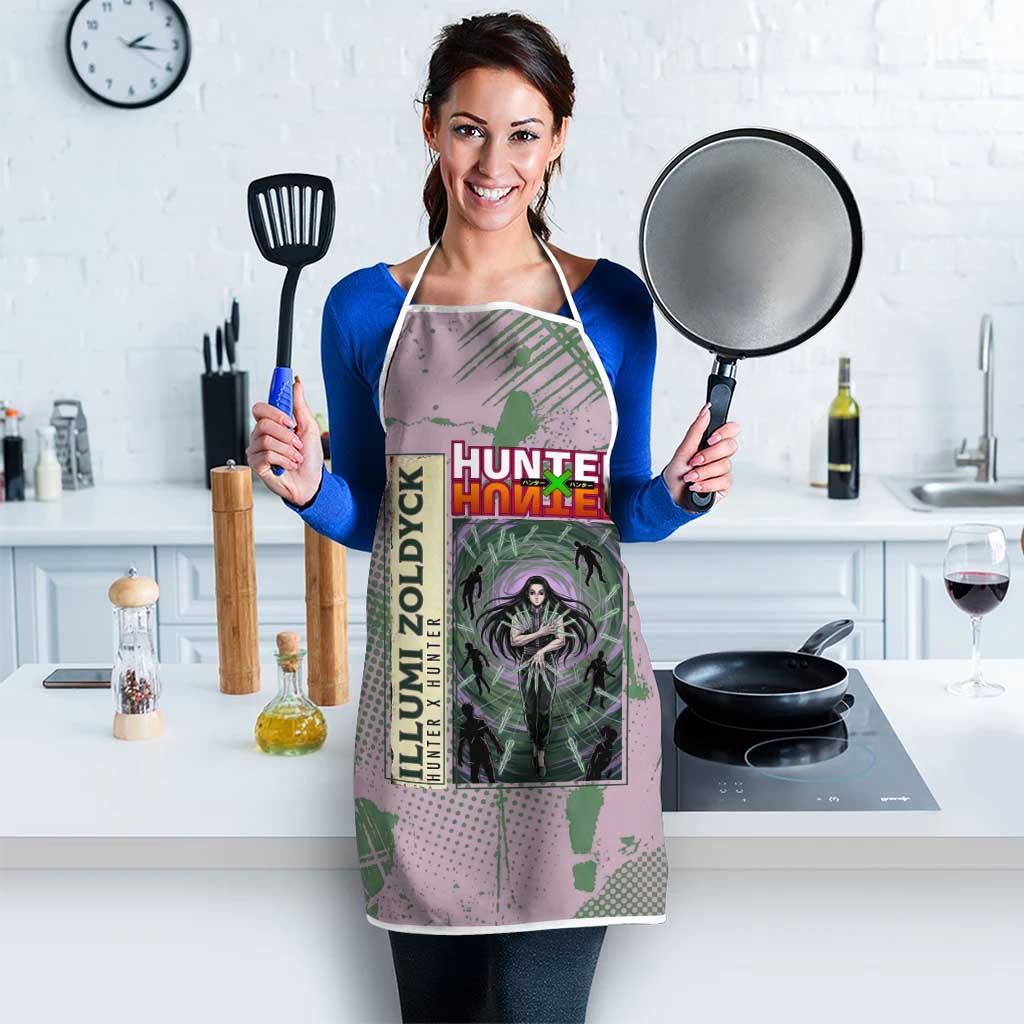 Alluka Zoldyck Theme Purple and Green Paint Splatter Design Apron with Nen Ability Artwork and Character Card Style - The Mazicc