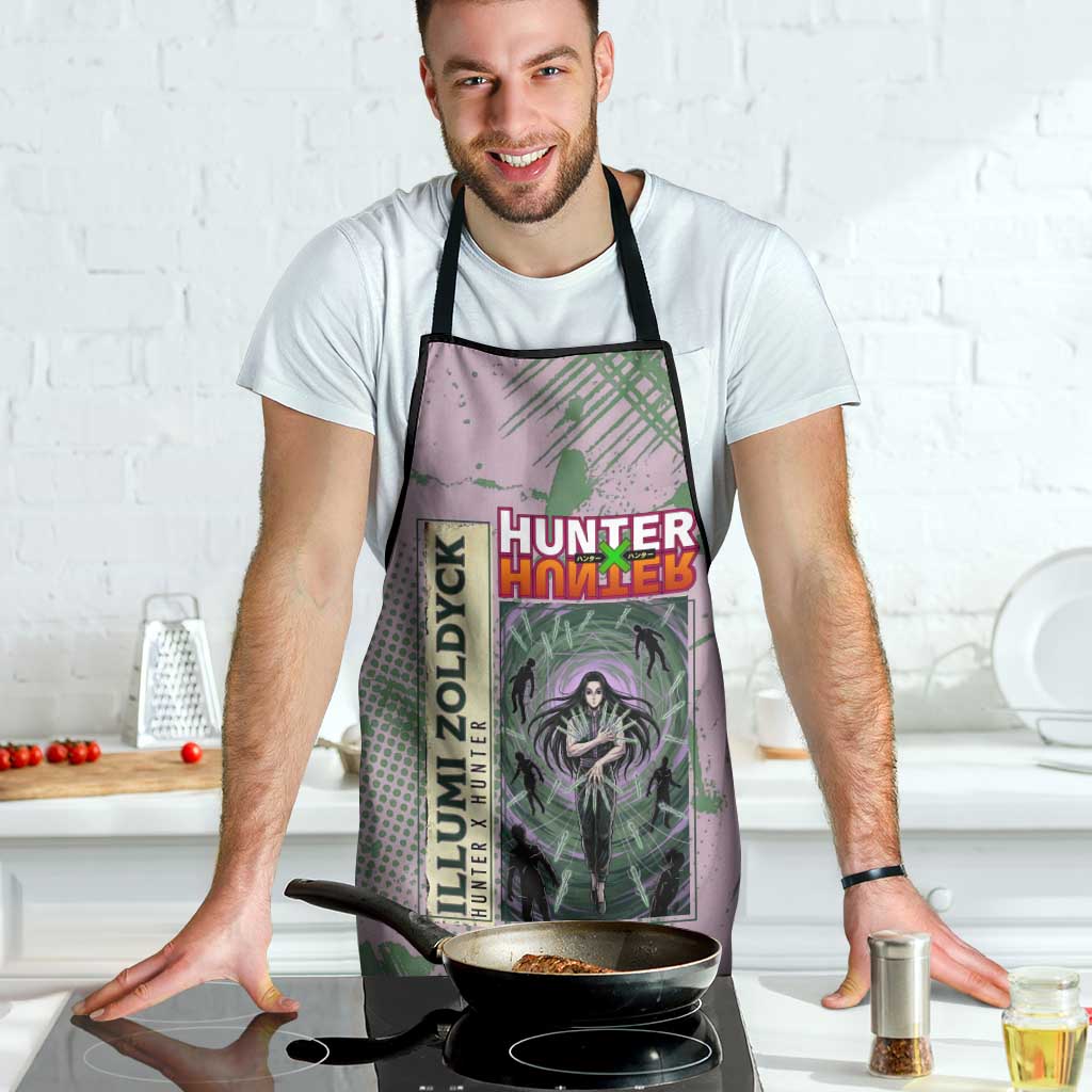 Alluka Zoldyck Theme Purple and Green Paint Splatter Design Apron with Nen Ability Artwork and Character Card Style - The Mazicc