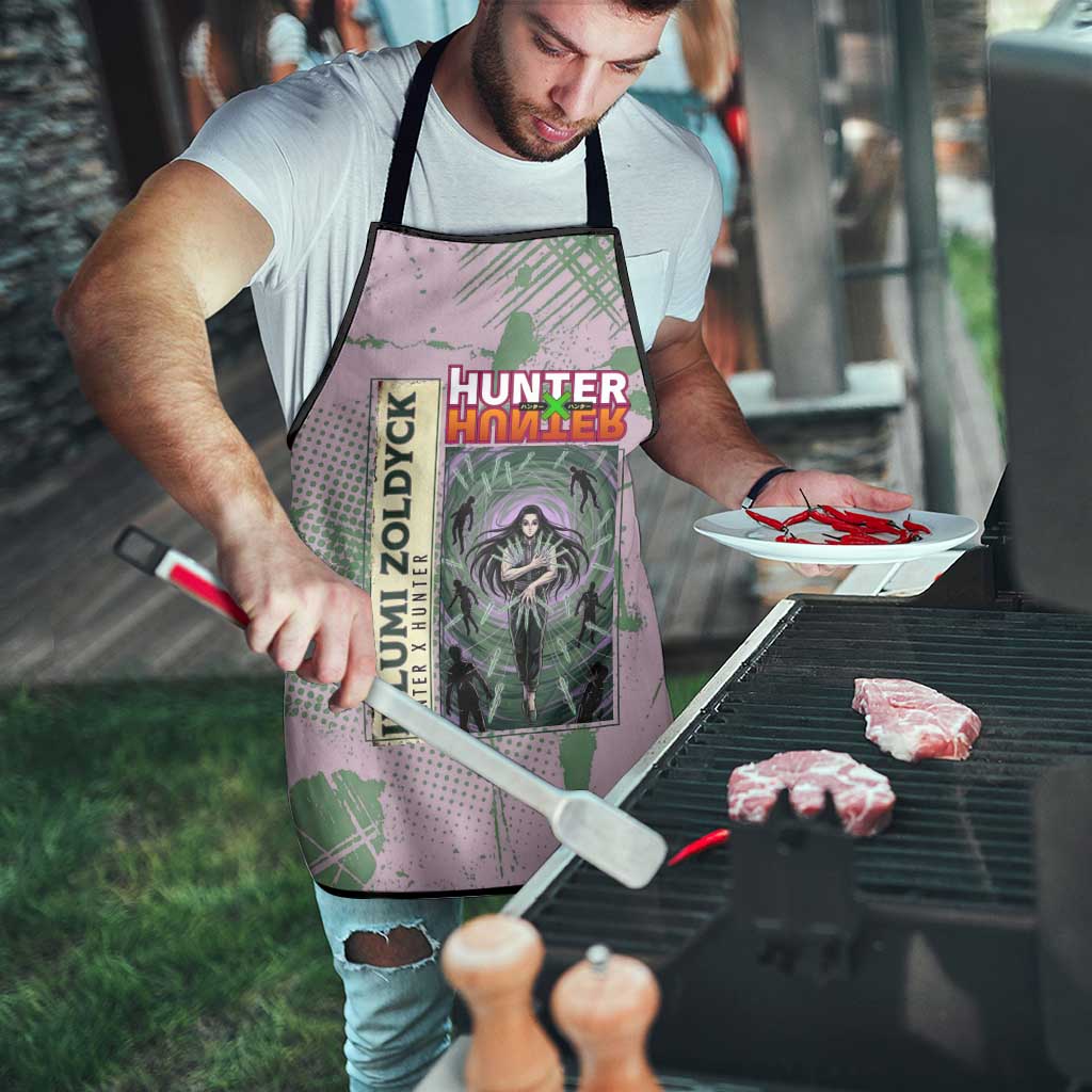 Alluka Zoldyck Theme Purple and Green Paint Splatter Design Apron with Nen Ability Artwork and Character Card Style - The Mazicc