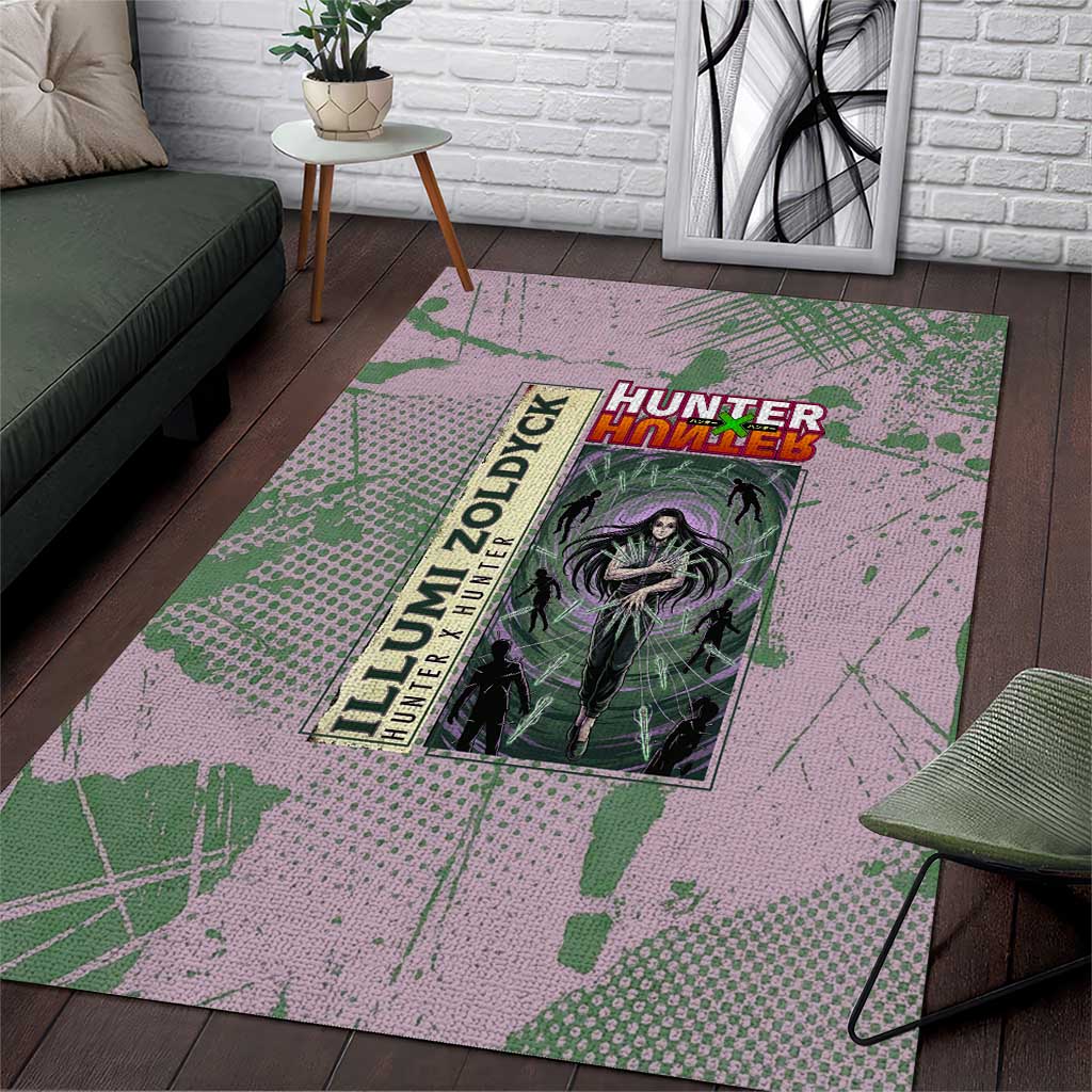 Alluka Zoldyck Theme Purple and Green Paint Splatter Design Area Rug with Nen Ability Artwork and Character Card Style - The Mazicc