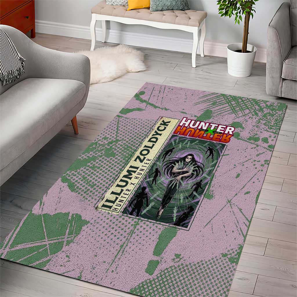 Alluka Zoldyck Theme Purple and Green Paint Splatter Design Area Rug with Nen Ability Artwork and Character Card Style - The Mazicc