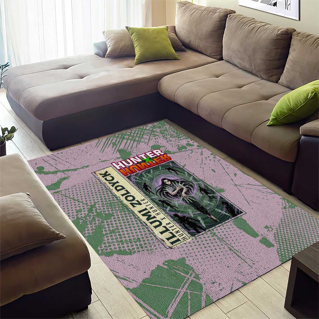 Alluka Zoldyck Theme Purple and Green Paint Splatter Design Area Rug with Nen Ability Artwork and Character Card Style - The Mazicc