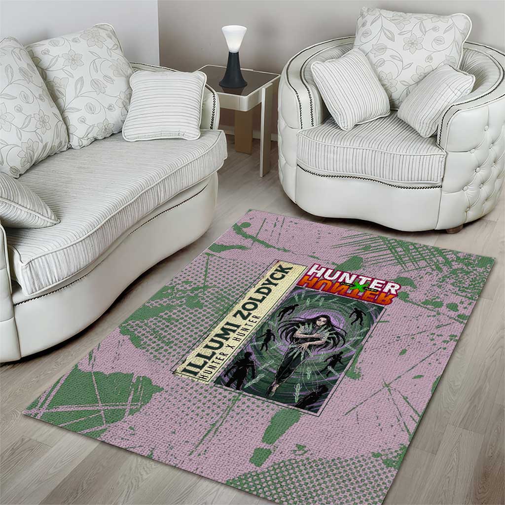 Alluka Zoldyck Theme Purple and Green Paint Splatter Design Area Rug with Nen Ability Artwork and Character Card Style - The Mazicc
