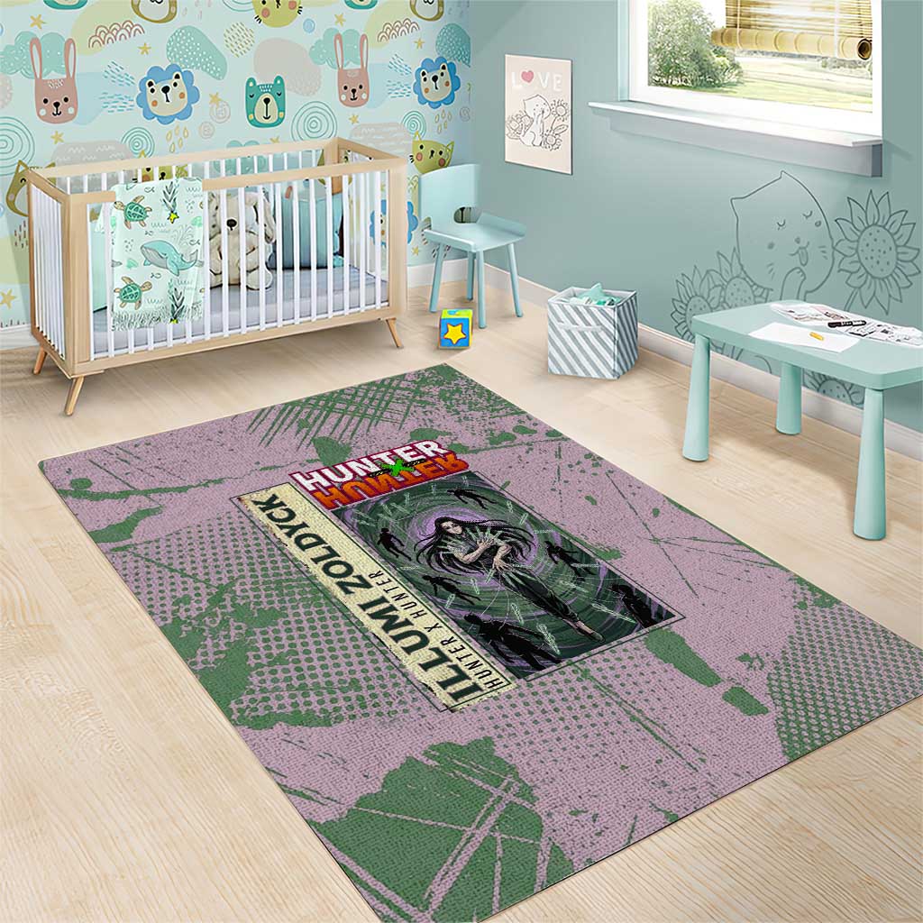 Alluka Zoldyck Theme Purple and Green Paint Splatter Design Area Rug with Nen Ability Artwork and Character Card Style - The Mazicc