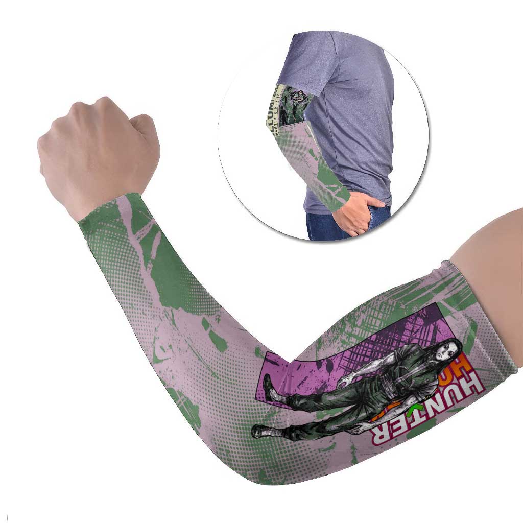 Alluka Zoldyck Theme Purple and Green Paint Splatter Design Arm Sleeves with Nen Ability Artwork and Character Card Style - The Mazicc