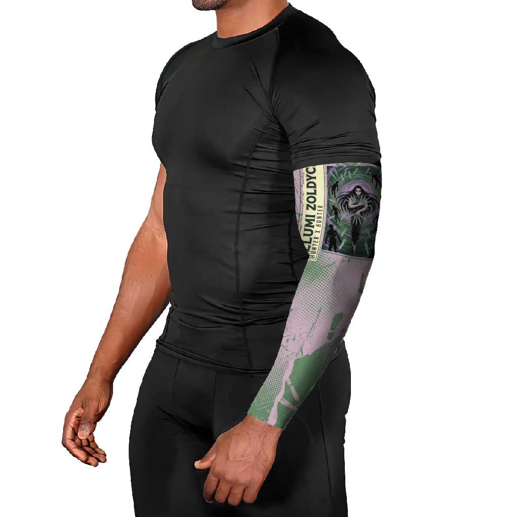 Alluka Zoldyck Theme Purple and Green Paint Splatter Design Arm Sleeves with Nen Ability Artwork and Character Card Style - The Mazicc