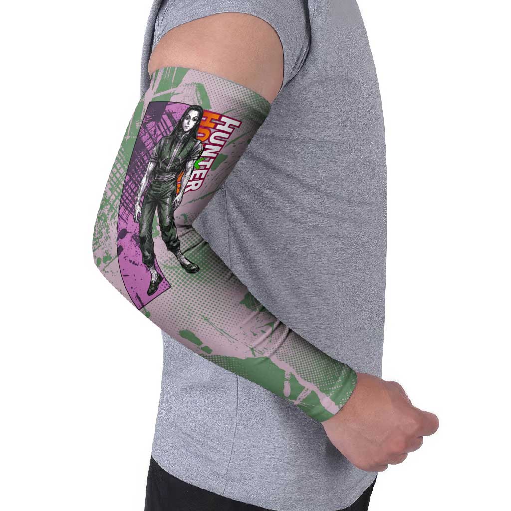 Alluka Zoldyck Theme Purple and Green Paint Splatter Design Arm Sleeves with Nen Ability Artwork and Character Card Style - The Mazicc