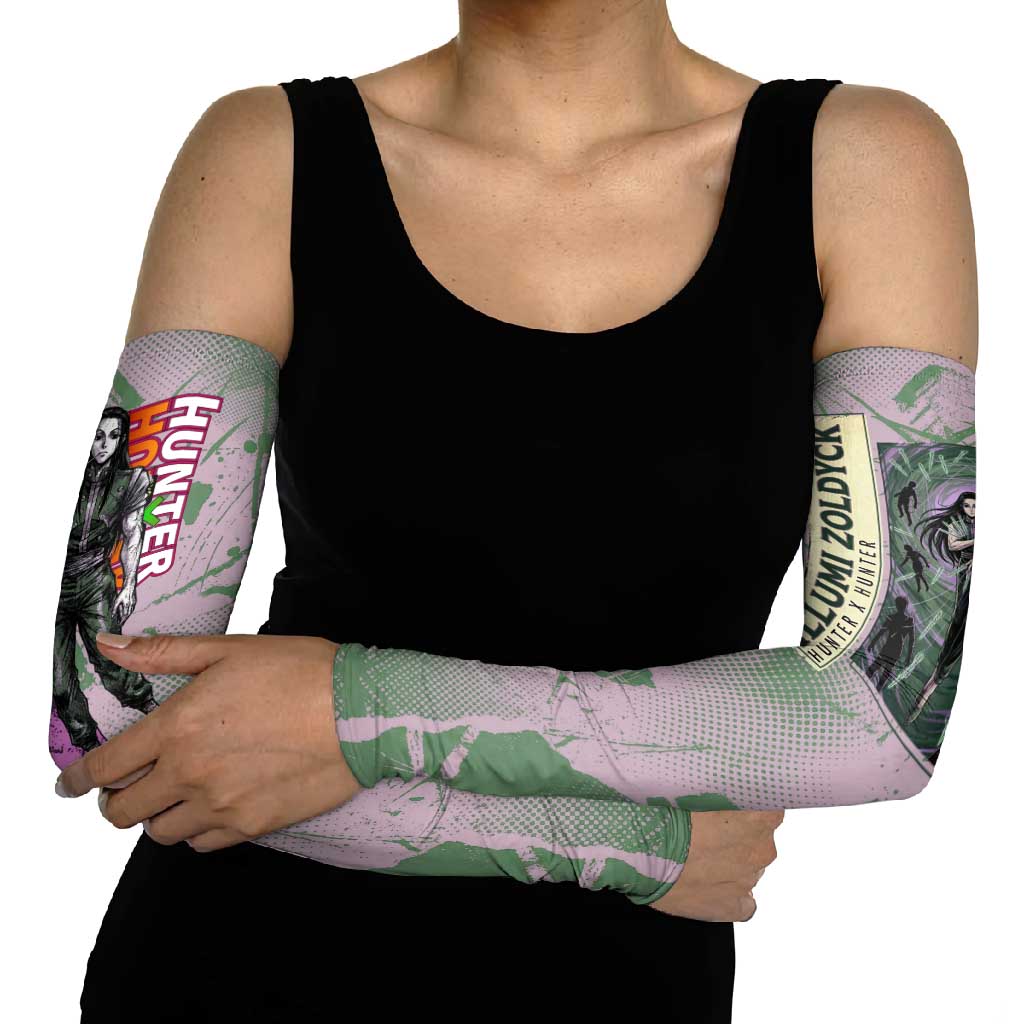 Alluka Zoldyck Theme Purple and Green Paint Splatter Design Arm Sleeves with Nen Ability Artwork and Character Card Style - The Mazicc