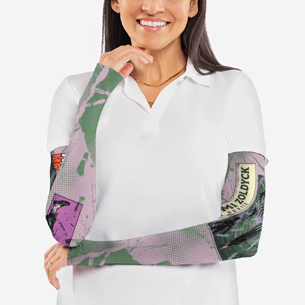 Alluka Zoldyck Theme Purple and Green Paint Splatter Design Arm Sleeves with Nen Ability Artwork and Character Card Style - The Mazicc