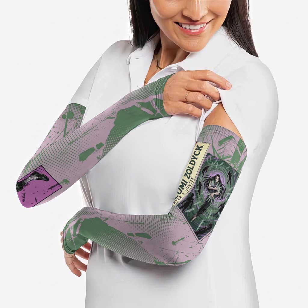 Alluka Zoldyck Theme Purple and Green Paint Splatter Design Arm Sleeves with Nen Ability Artwork and Character Card Style - The Mazicc