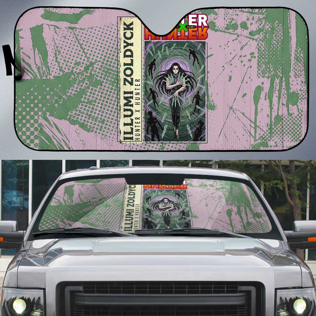 Alluka Zoldyck Theme Purple and Green Paint Splatter Design Auto Sun Shade with Nen Ability Artwork and Character Card Style - The Mazicc