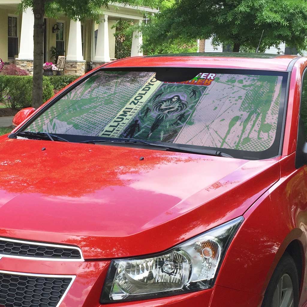 Alluka Zoldyck Theme Purple and Green Paint Splatter Design Auto Sun Shade with Nen Ability Artwork and Character Card Style - The Mazicc