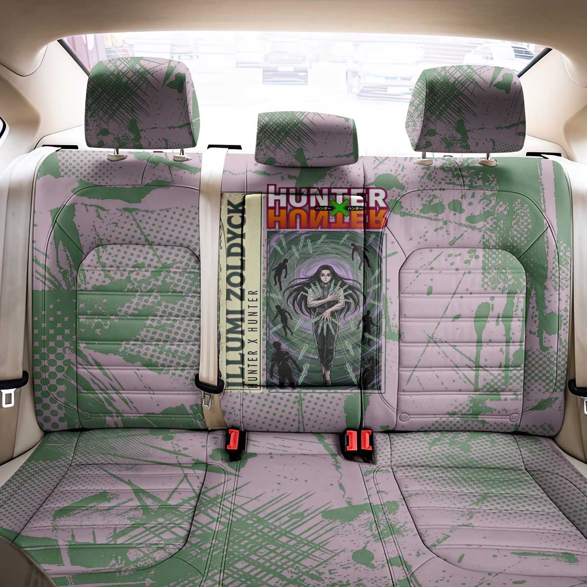 Alluka Zoldyck Theme Purple and Green Paint Splatter Design Back Car Seat Cover with Nen Ability Artwork and Character Card Style - The Mazicc