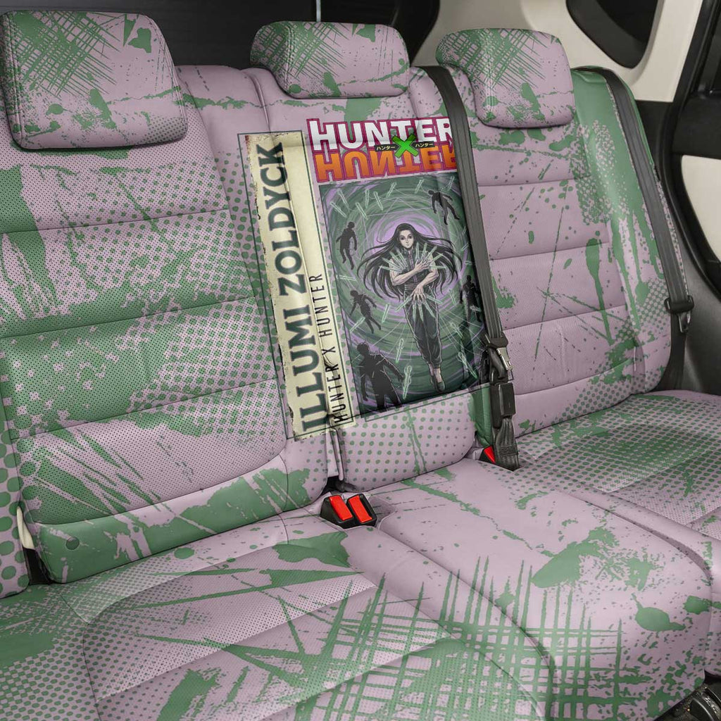 Alluka Zoldyck Theme Purple and Green Paint Splatter Design Back Car Seat Cover with Nen Ability Artwork and Character Card Style - The Mazicc