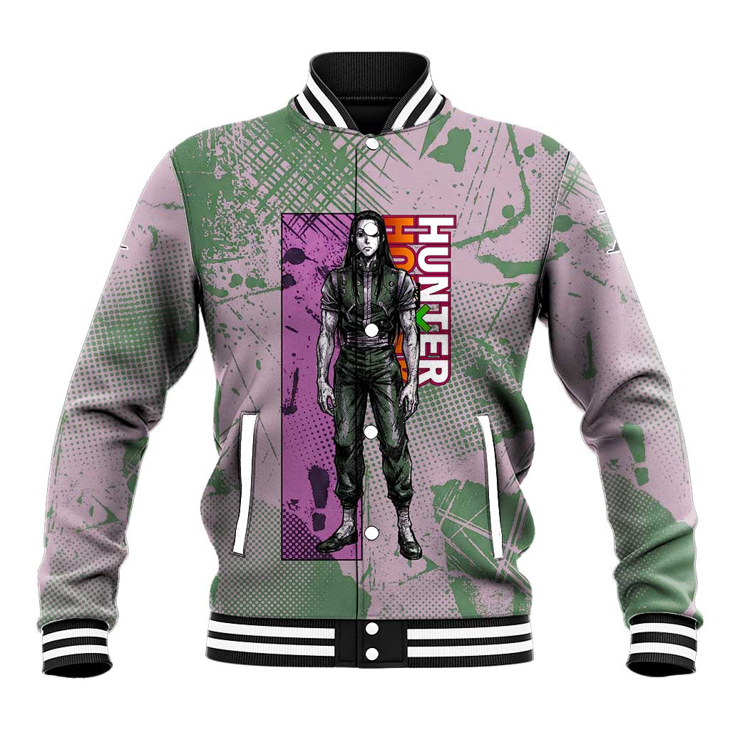 Alluka Zoldyck Theme Purple and Green Paint Splatter Design Baseball Jacket with Nen Ability Artwork and Character Card Style - The Mazicc