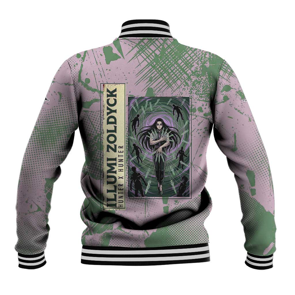 Alluka Zoldyck Theme Purple and Green Paint Splatter Design Baseball Jacket with Nen Ability Artwork and Character Card Style - The Mazicc