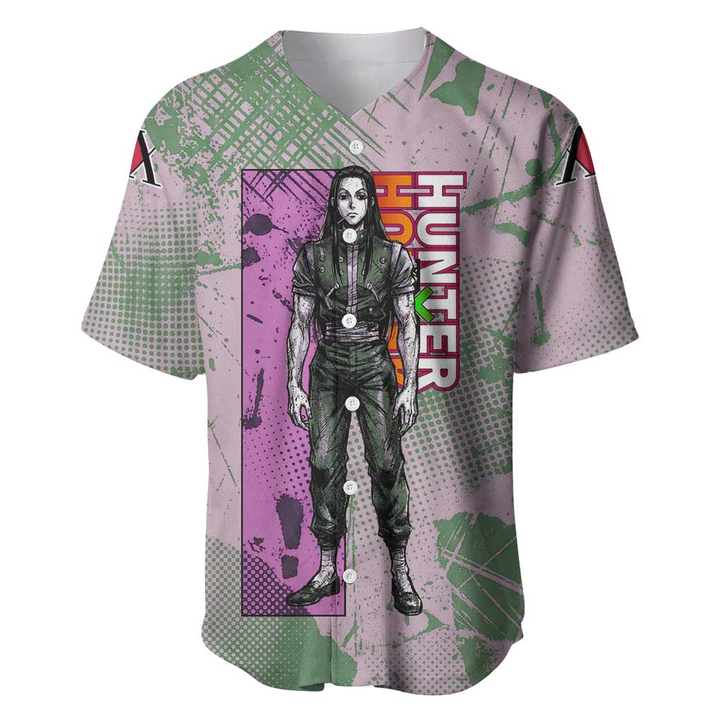 Alluka Zoldyck Theme Purple and Green Paint Splatter Design Baseball Jersey with Nen Ability Artwork and Character Card Style - The Mazicc