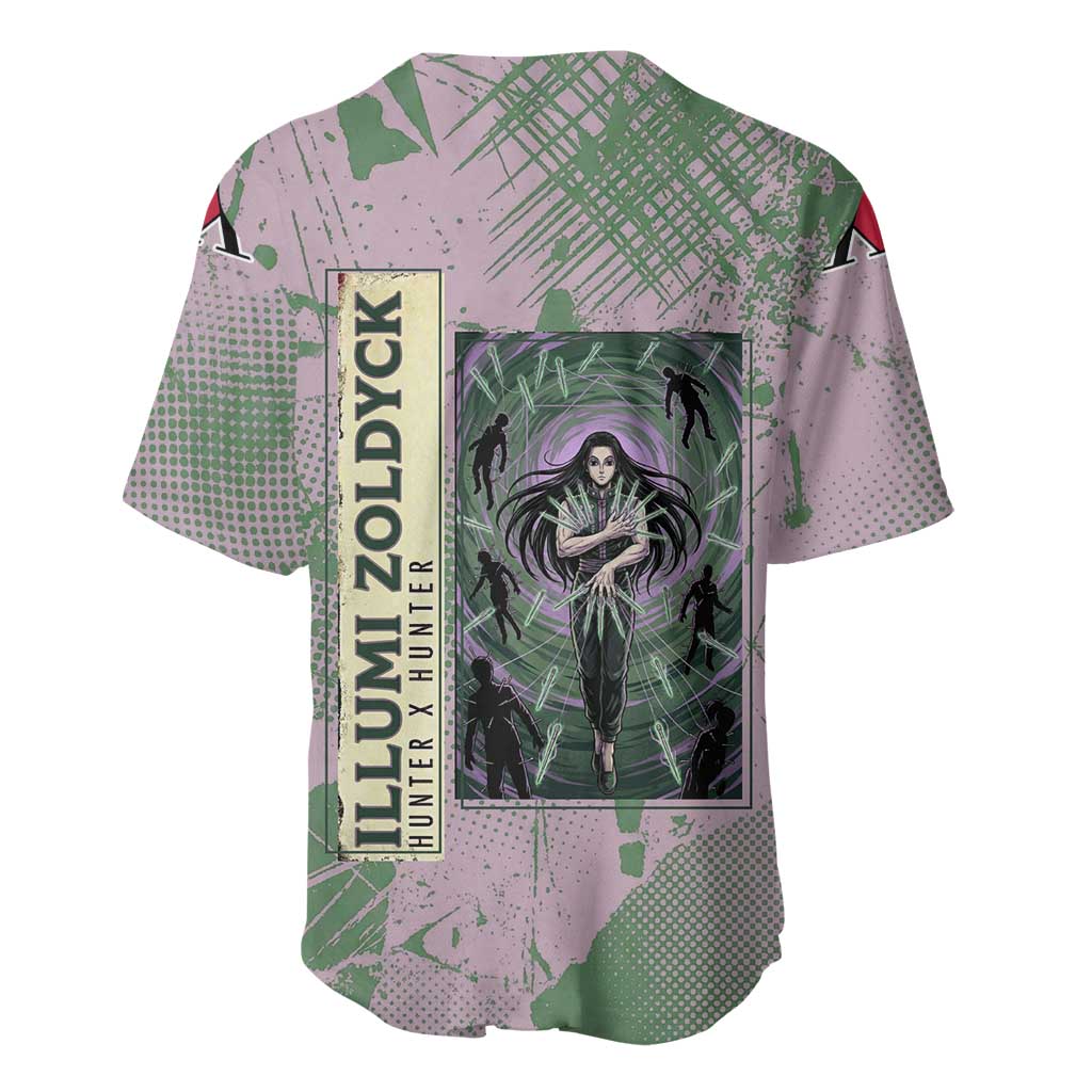 Alluka Zoldyck Theme Purple and Green Paint Splatter Design Baseball Jersey with Nen Ability Artwork and Character Card Style - The Mazicc