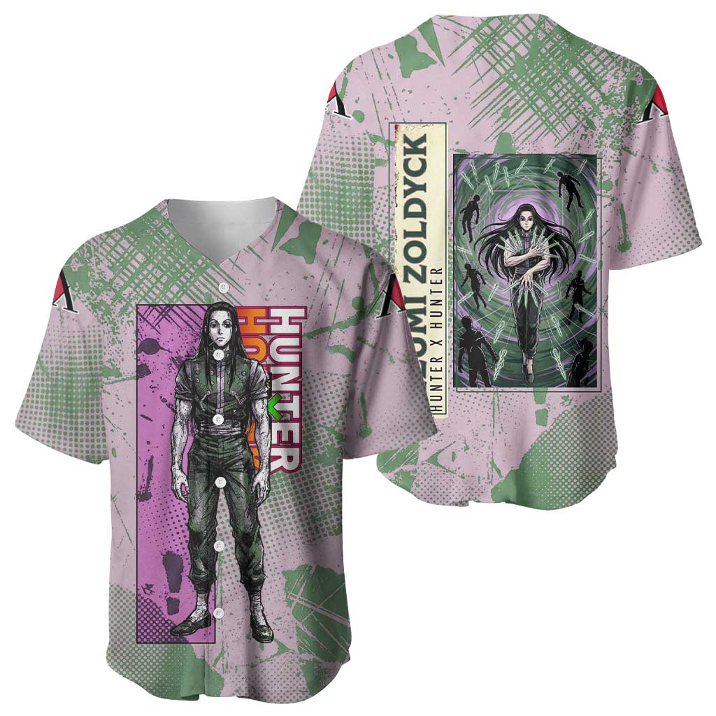 Alluka Zoldyck Theme Purple and Green Paint Splatter Design Baseball Jersey with Nen Ability Artwork and Character Card Style - The Mazicc