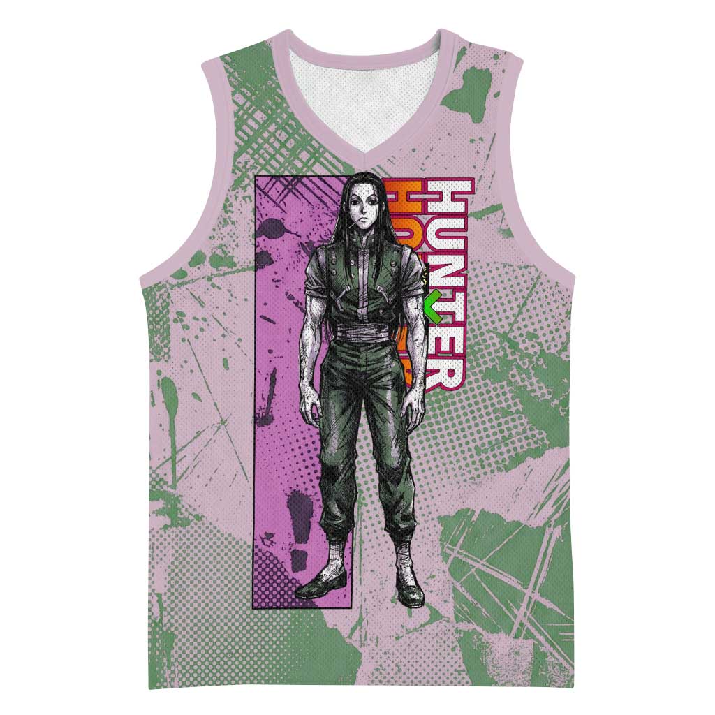 Alluka Zoldyck Theme Purple and Green Paint Splatter Design Basketball Jersey with Nen Ability Artwork and Character Card Style - The Mazicc