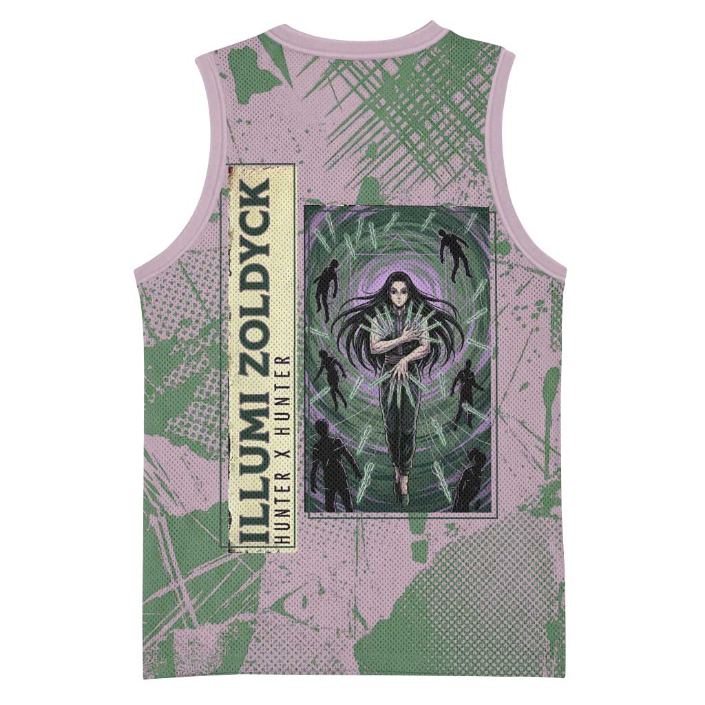 Alluka Zoldyck Theme Purple and Green Paint Splatter Design Basketball Jersey with Nen Ability Artwork and Character Card Style - The Mazicc