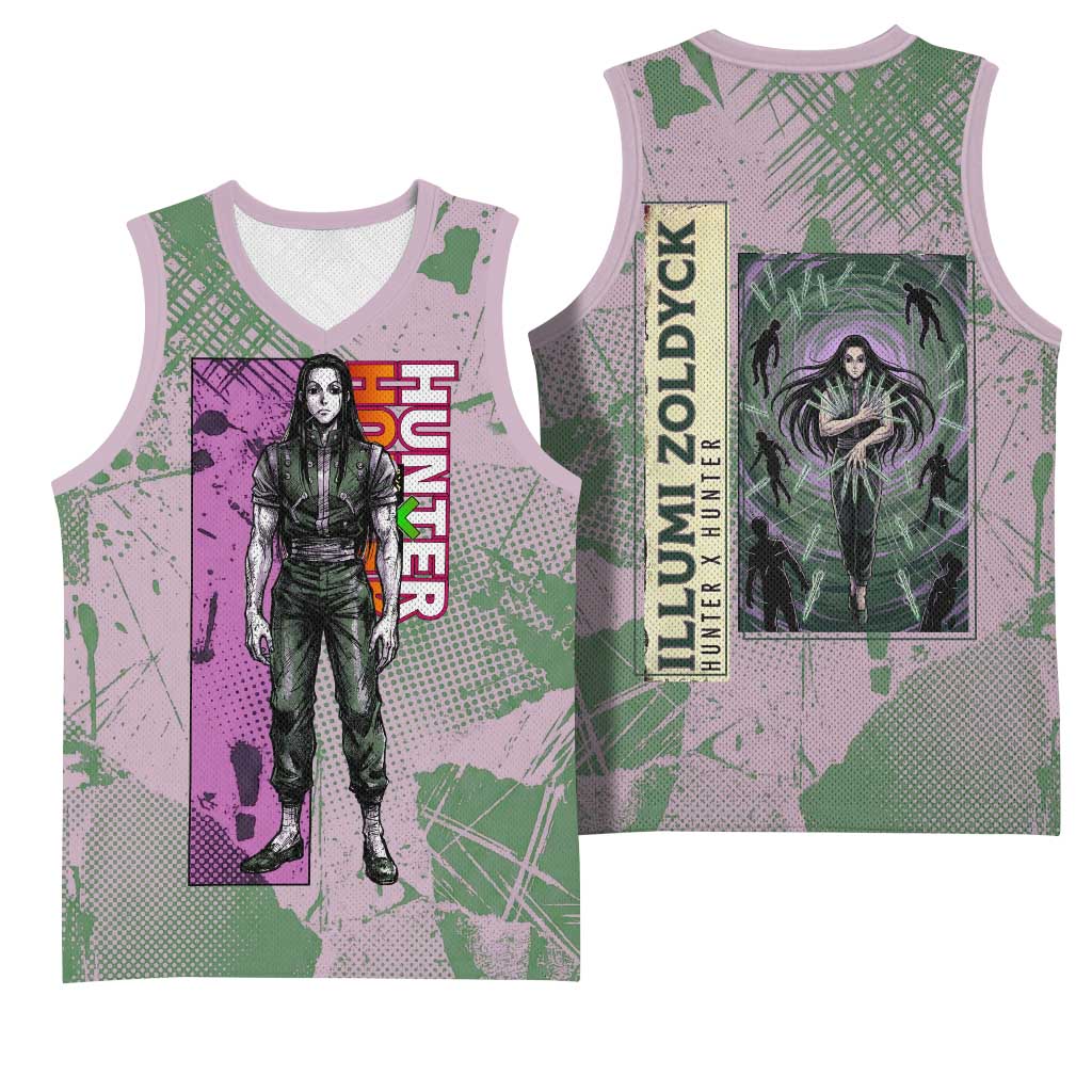 Alluka Zoldyck Theme Purple and Green Paint Splatter Design Basketball Jersey with Nen Ability Artwork and Character Card Style - The Mazicc