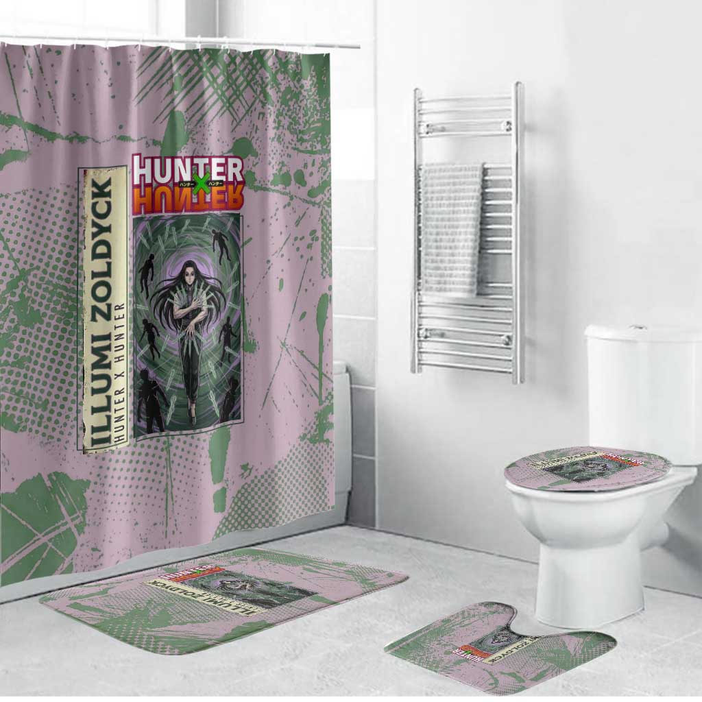 Alluka Zoldyck Theme Purple and Green Paint Splatter Design Bathroom Set with Nen Ability Artwork and Character Card Style - The Mazicc