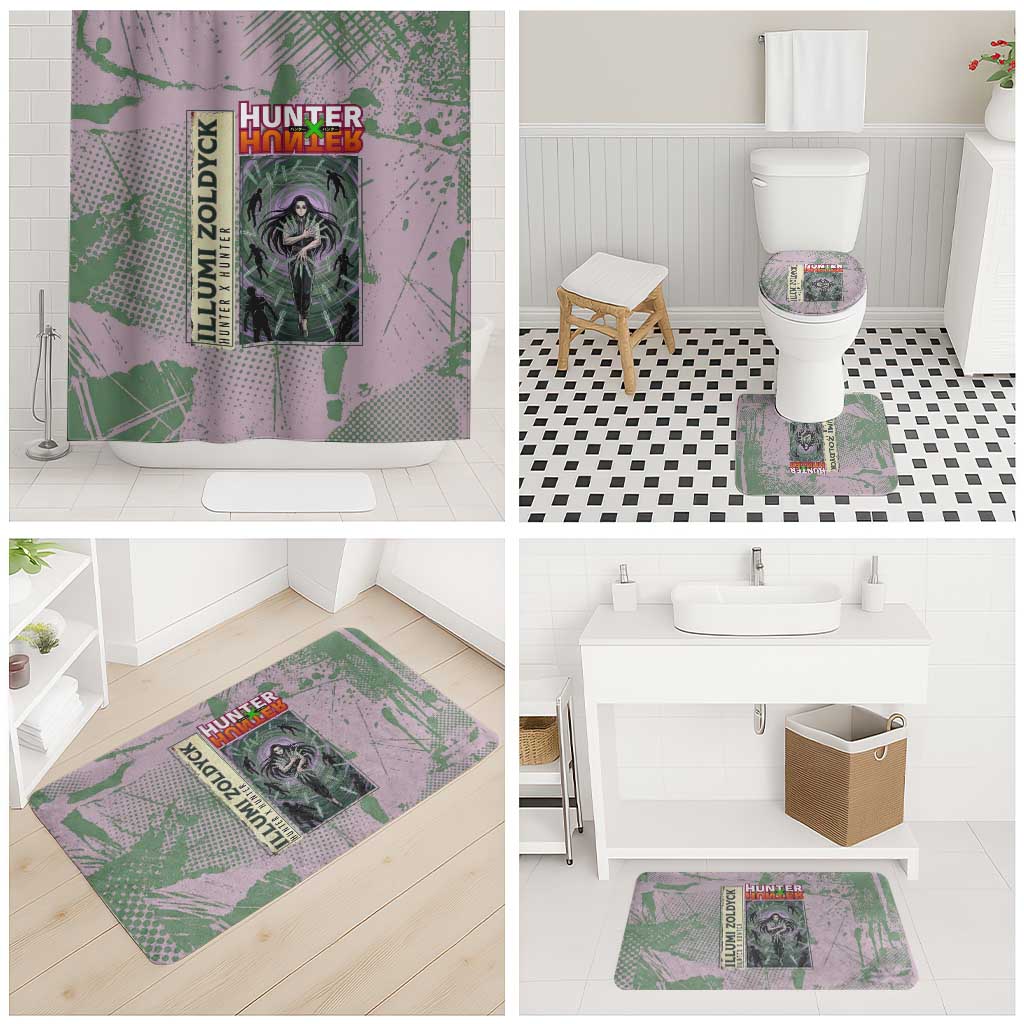 Alluka Zoldyck Theme Purple and Green Paint Splatter Design Bathroom Set with Nen Ability Artwork and Character Card Style - The Mazicc