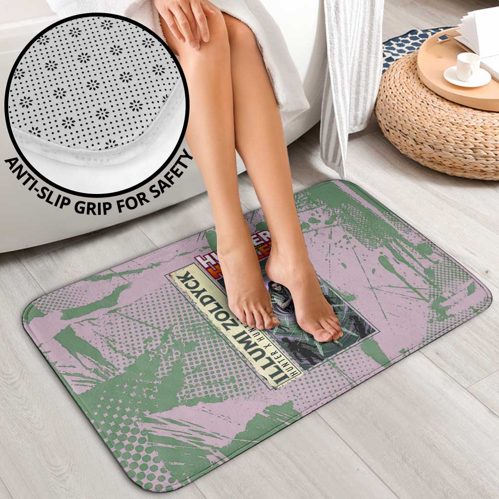 Alluka Zoldyck Theme Purple and Green Paint Splatter Design Bathroom Set with Nen Ability Artwork and Character Card Style - The Mazicc