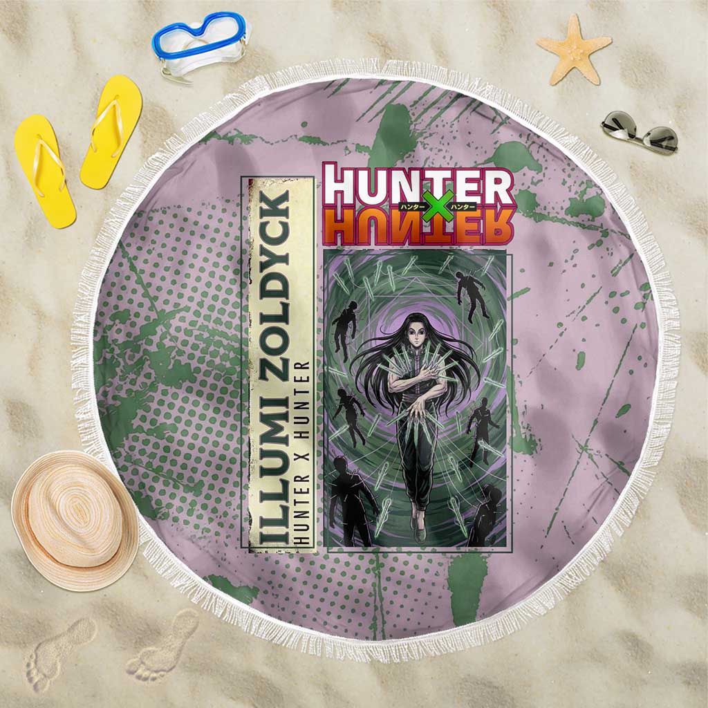 Alluka Zoldyck Theme Purple and Green Paint Splatter Design Beach Blanket with Nen Ability Artwork and Character Card Style - The Mazicc