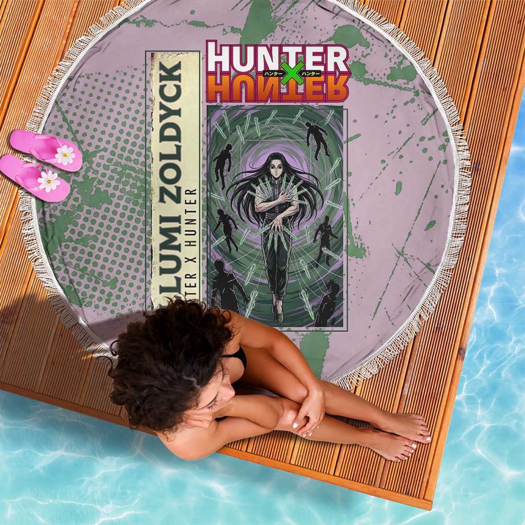 Alluka Zoldyck Theme Purple and Green Paint Splatter Design Beach Blanket with Nen Ability Artwork and Character Card Style - The Mazicc