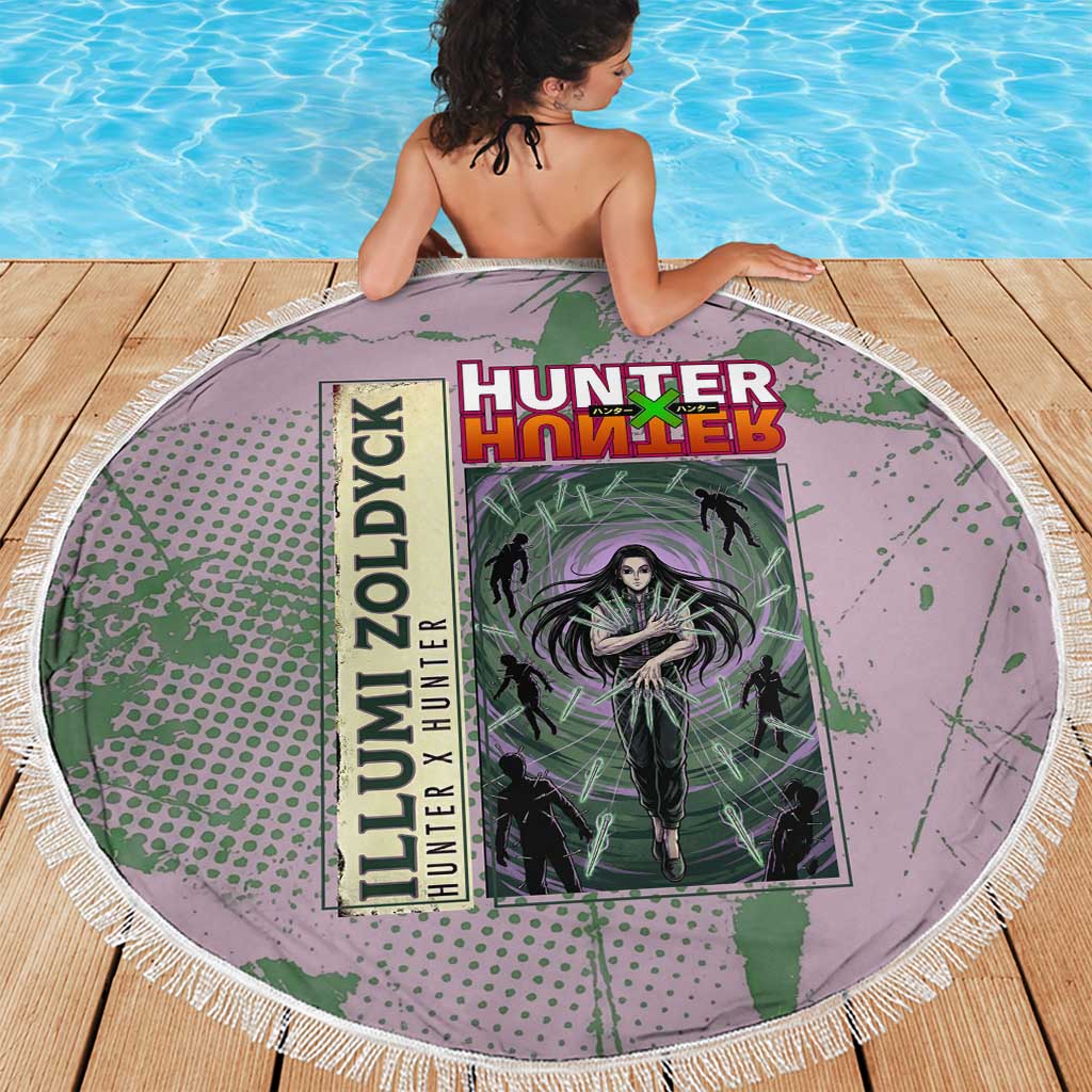 Alluka Zoldyck Theme Purple and Green Paint Splatter Design Beach Blanket with Nen Ability Artwork and Character Card Style - The Mazicc