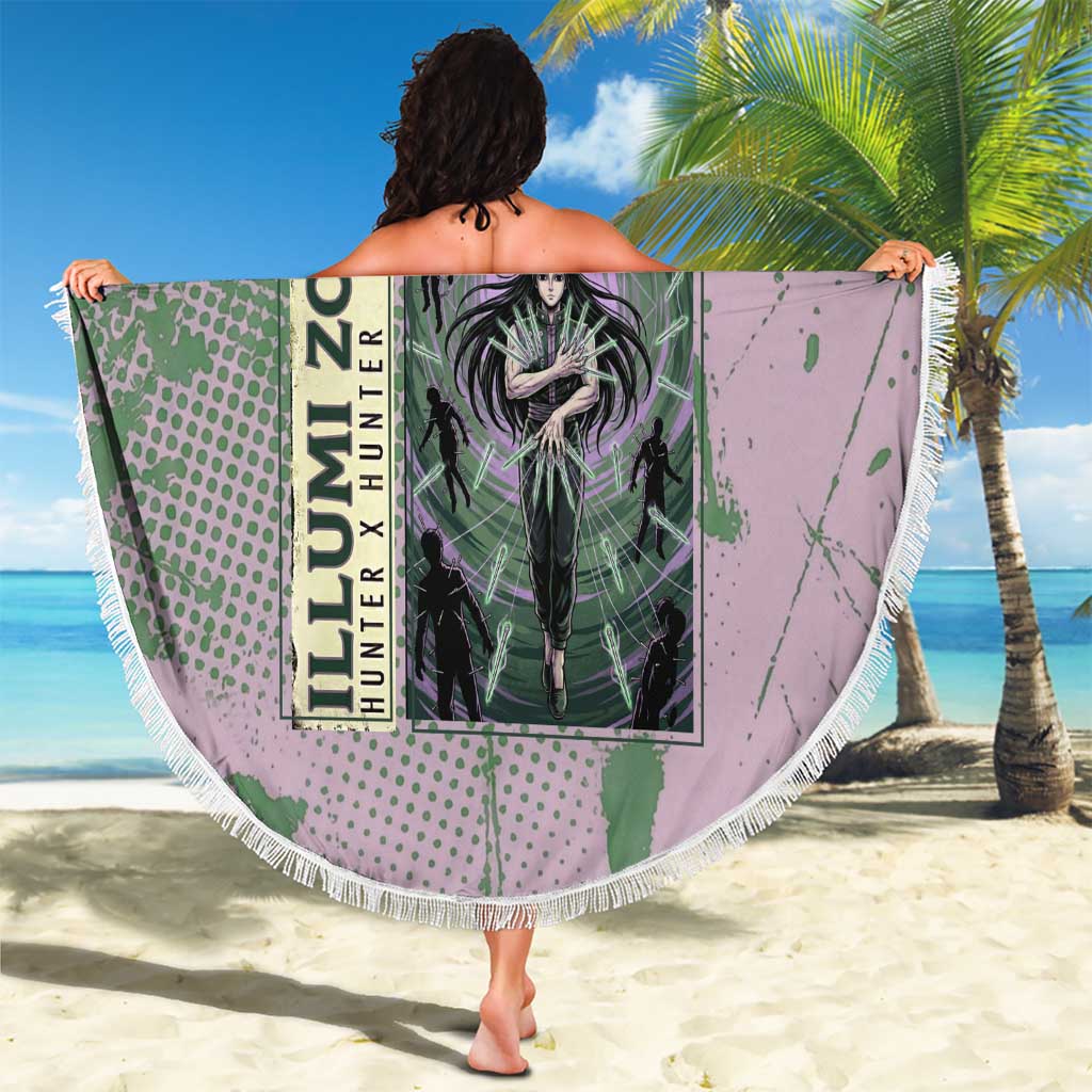 Alluka Zoldyck Theme Purple and Green Paint Splatter Design Beach Blanket with Nen Ability Artwork and Character Card Style - The Mazicc