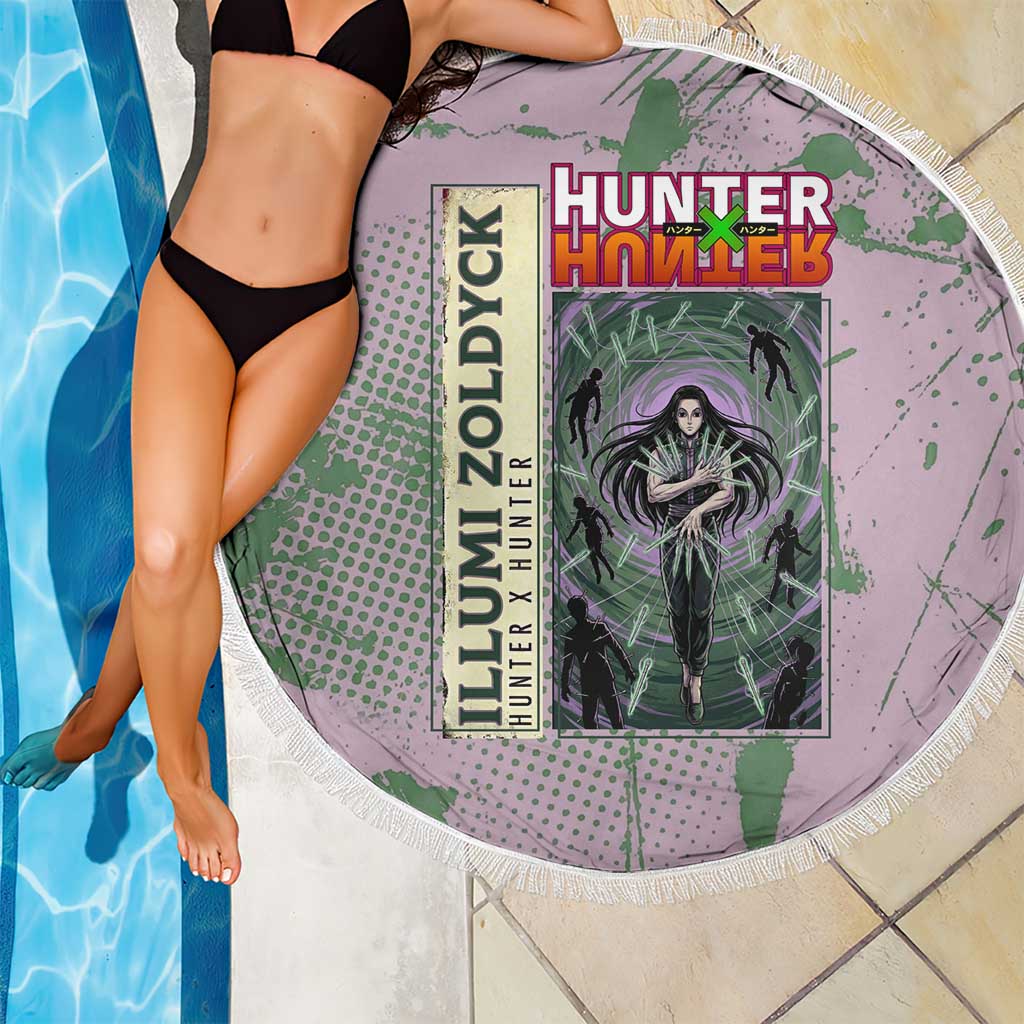 Alluka Zoldyck Theme Purple and Green Paint Splatter Design Beach Blanket with Nen Ability Artwork and Character Card Style - The Mazicc