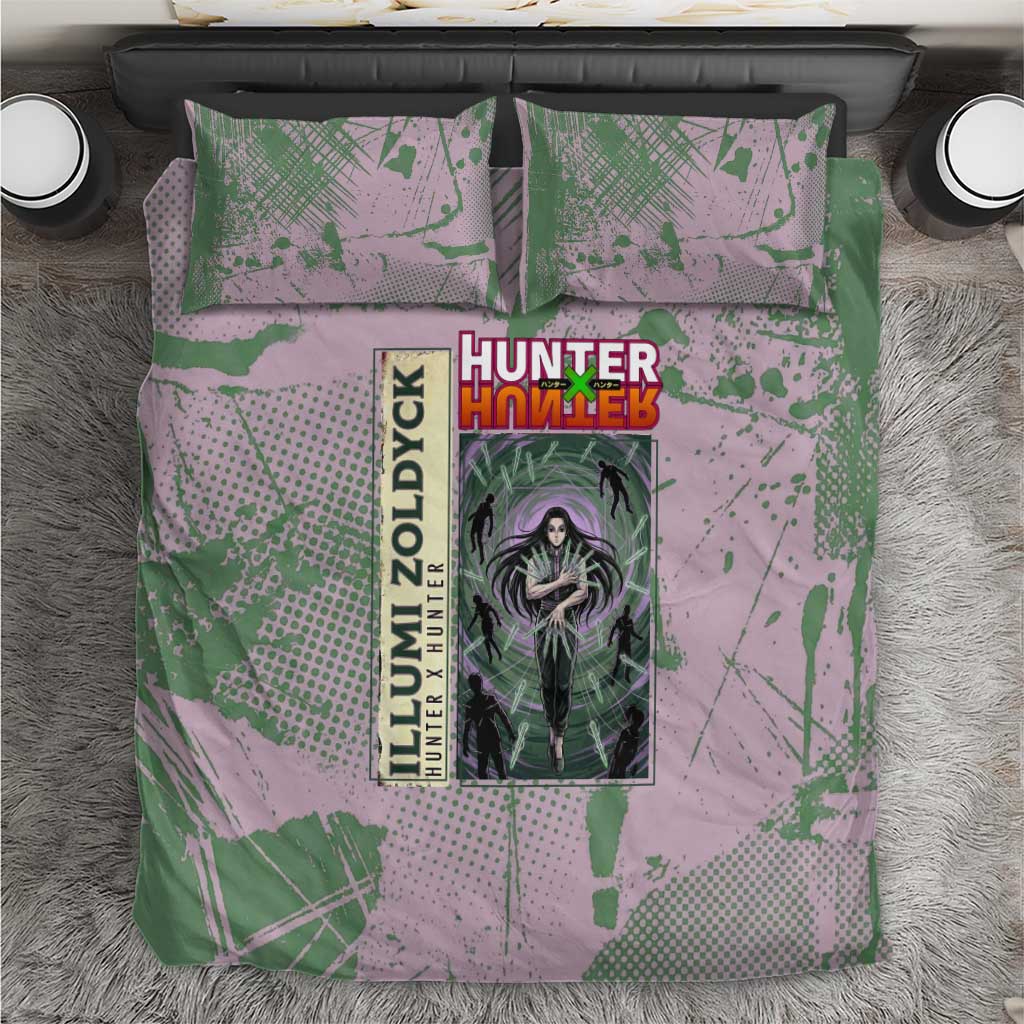 Alluka Zoldyck Theme Purple and Green Paint Splatter Design Bedding Set with Nen Ability Artwork and Character Card Style - The Mazicc