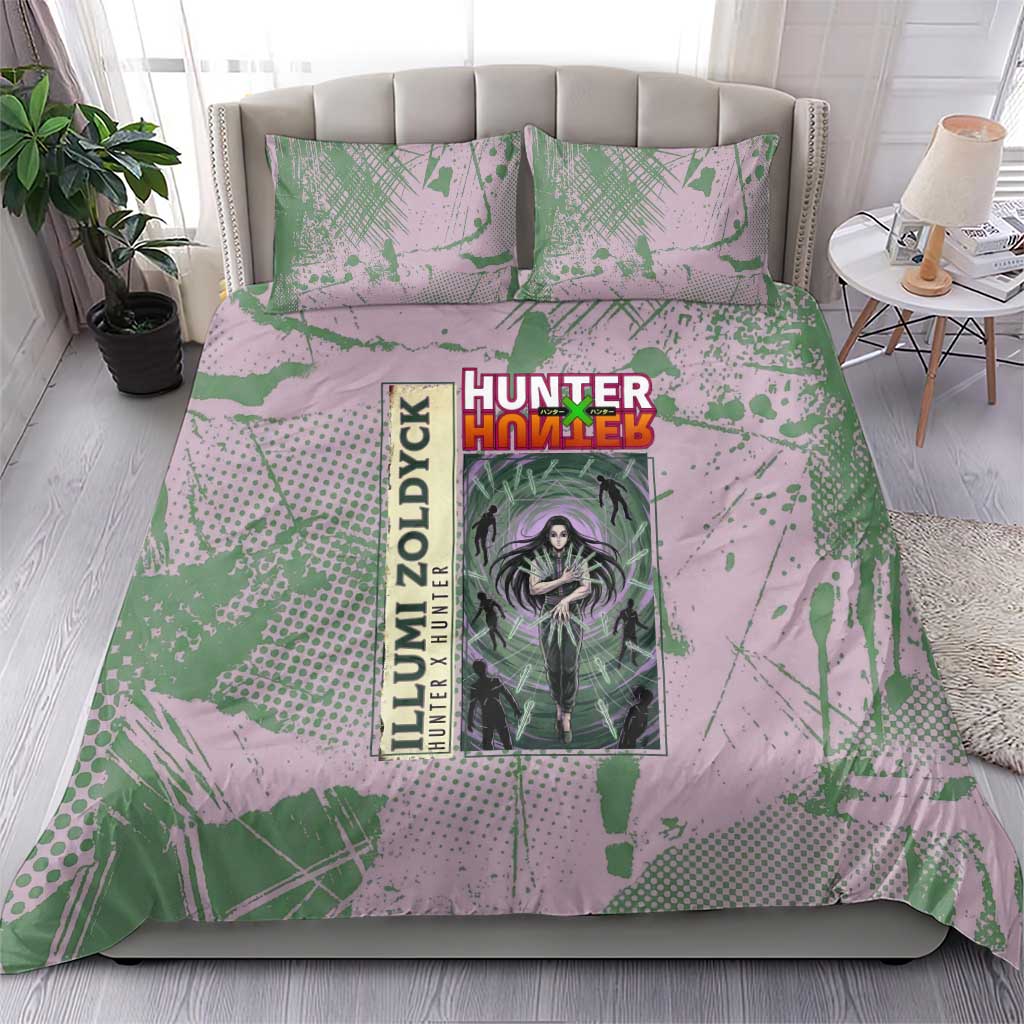 Alluka Zoldyck Theme Purple and Green Paint Splatter Design Bedding Set with Nen Ability Artwork and Character Card Style - The Mazicc