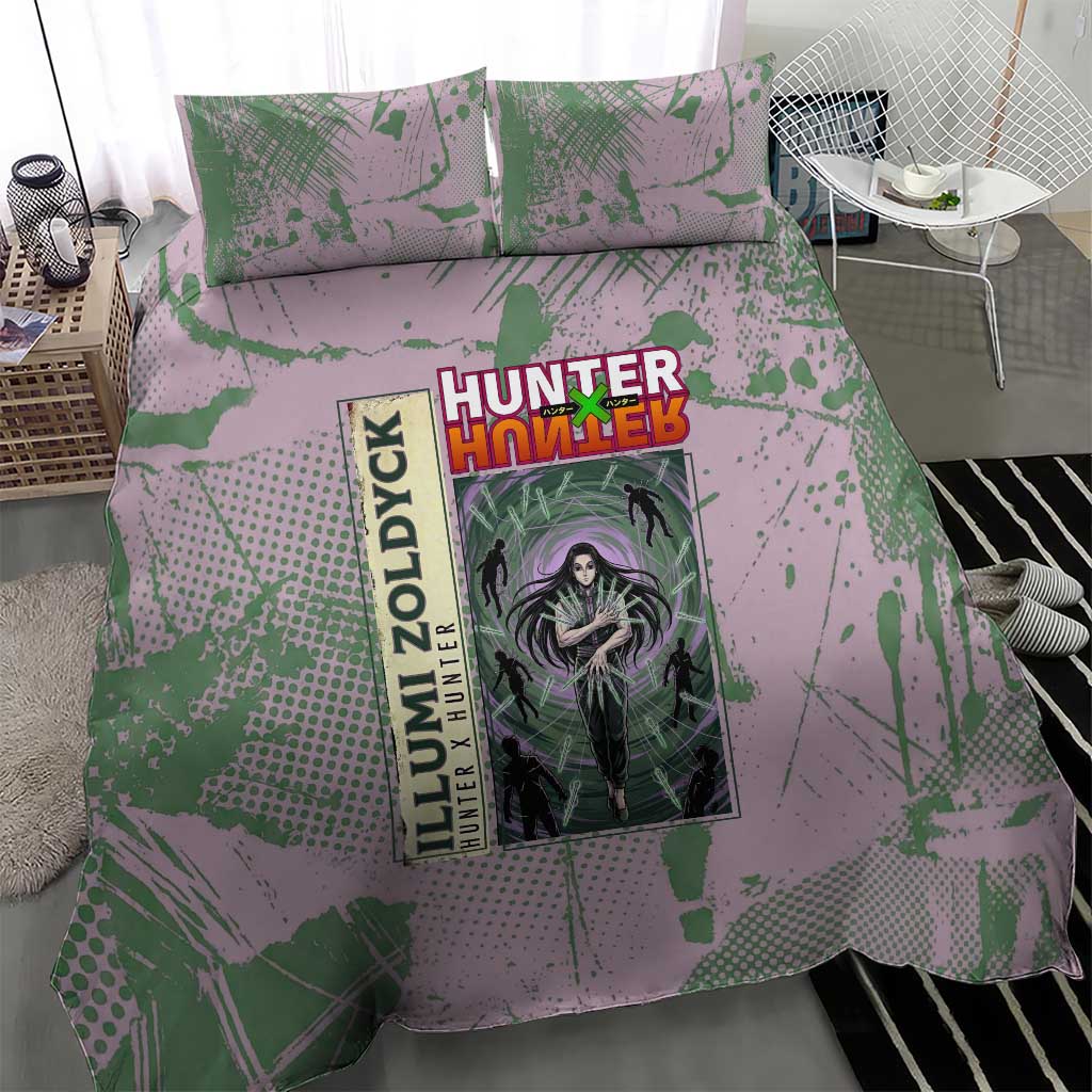 Alluka Zoldyck Theme Purple and Green Paint Splatter Design Bedding Set with Nen Ability Artwork and Character Card Style - The Mazicc